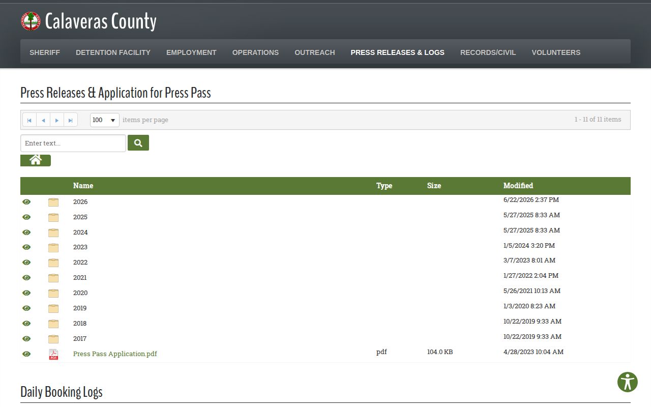Alpine County 24-hour releases Calaveras daily booking logs source