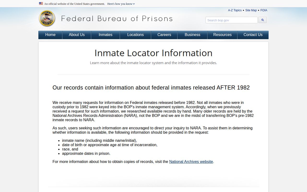 BOP release date records for Alpine County federal release lookup