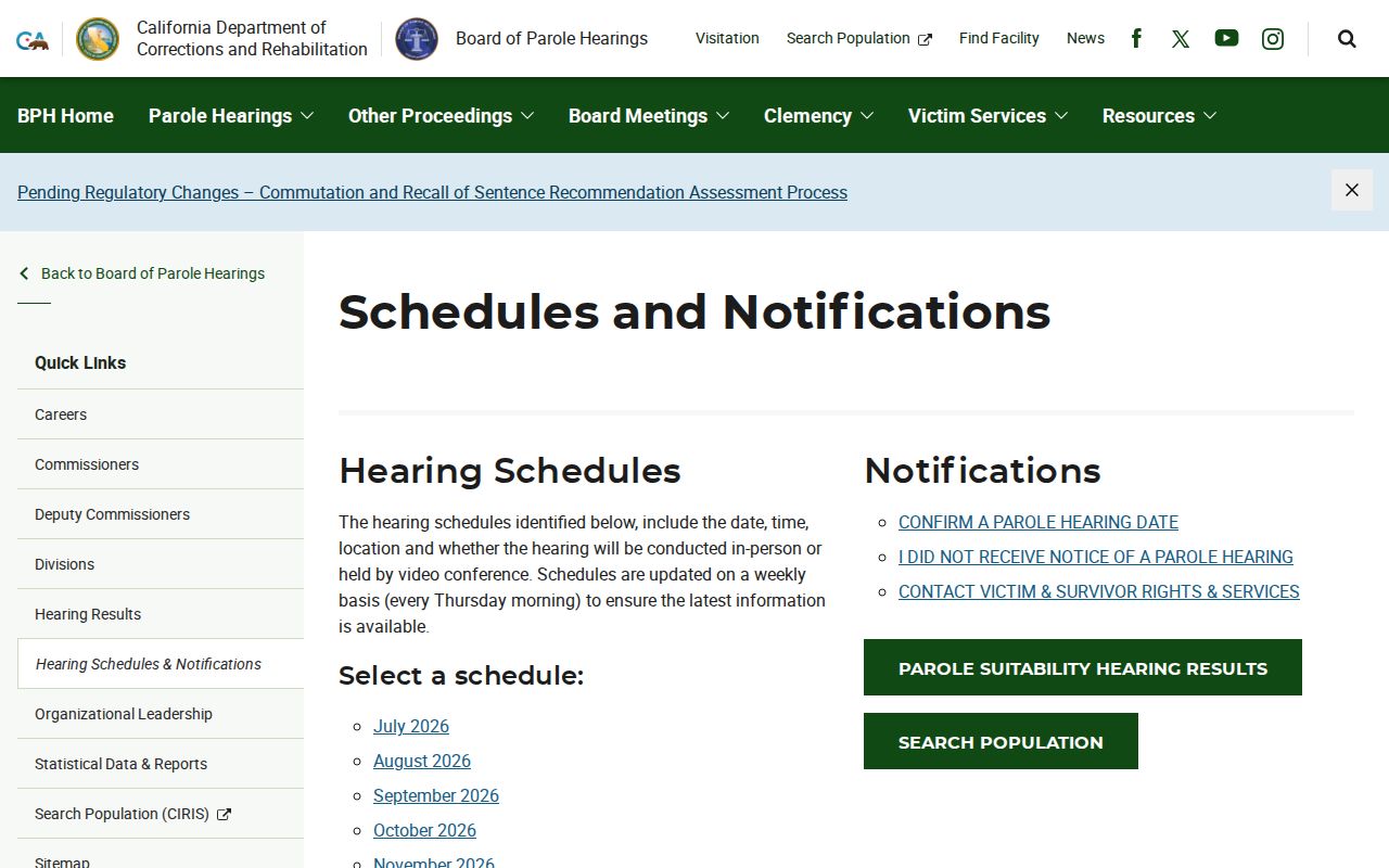 BPH hearing schedule for Alpine County parole release research