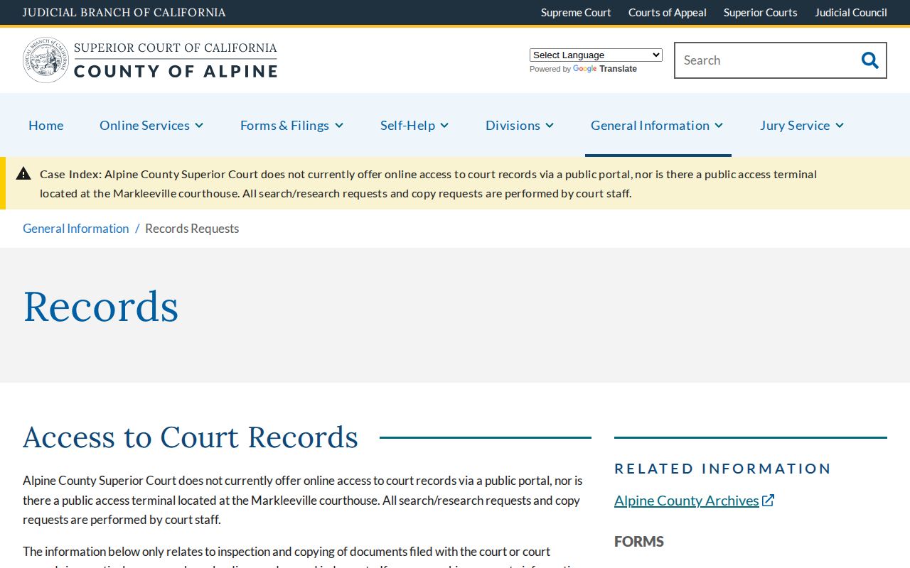 Alpine County 72-hour releases court records no online portal source
