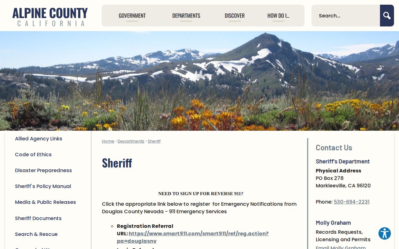 Alpine County Sheriff release routing and no local jail facilities